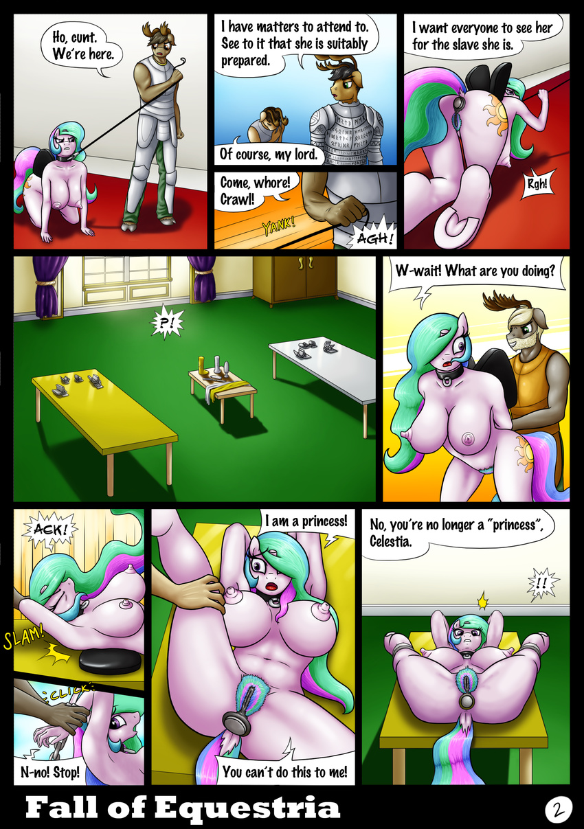 2017 anthro anthrofied areola bdsm bondage bound breasts buttplug cervine collar comic dainn_(oc) dildo equine fall_of_equestria female friendship_is_magic horn male mammal my_little_pony nipples ponkpank princess_celestia_(mlp) pubes pussy reindeer sex_toy slave table winged_unicorn wings