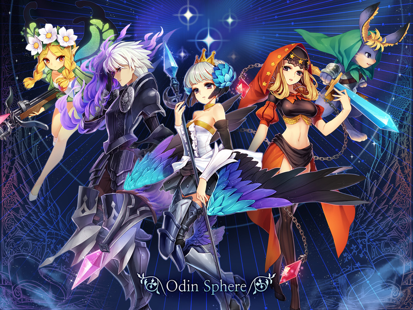 3girls armor armored_dress bare_shoulders black_armor blonde_hair blue_background boots braid butterfly_wings copyright_name cornelius_(odin_sphere) flower furry gwendolyn hair_flower hair_ornament holding holding_spear holding_sword holding_weapon hood leotard long_hair mercedes multicolored multicolored_wings multiple_boys multiple_girls odin_sphere oswald_(odin_sphere) pointy_ears polearm profile purple_eyes shoes short_hair silver_hair spear sword thigh_boots thighhighs twin_braids veil velvet_(odin_sphere) weapon white_footwear white_hair wings yeruen