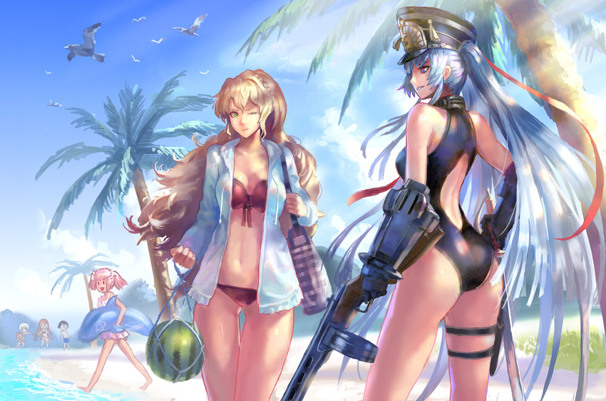 5girls alicetaria_february altair_(re:creators) ass ass_visible_through_thighs bag bare_shoulders beach bikini bird blonde_hair chibi day denki food fruit gauntlets green_eyes gun hat holster inflatable_dolphin inflatable_toy kirameki_mamika long_hair mesh meteora_osterreich mizushino_souta multiple_girls one-piece_swimsuit one_eye_closed palm_tree pink_hair ppsh-41 re:creators seagull selesia_upitiria silver_hair submachine_gun swimsuit sword thigh_gap thigh_holster tree very_long_hair watermelon weapon