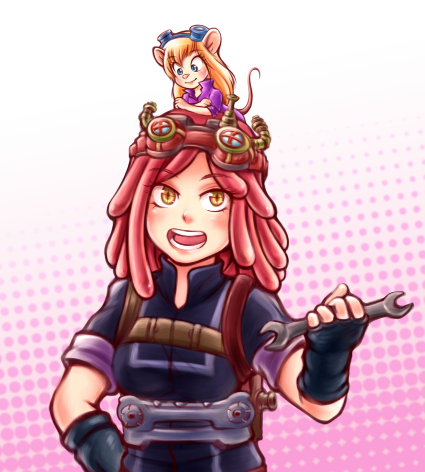 2girls boku_no_hero_academia chip_'n_dale_rescue_rangers crossover disney gadget_hackwrench goggles goggles_on_head hatsume_mei mouse multiple_girls octoppoi smile wrench