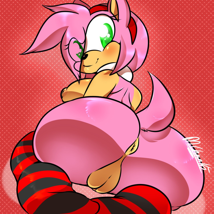 2015 all_fours amy_rose anthro anus big_breasts big_butt black_nose blush breasts butt clitoris clothing clothing_around_neck eye_visible_through_hair female fur green_eyes hair hair_over_eye hedgehog legwear looking_back mammal moneychan mostly_nude nipples pattern_background pink_fur presenting presenting_hindquarters pussy simple_background smile solo sonic_(series) stockings striped_legwear striped_stockings stripes