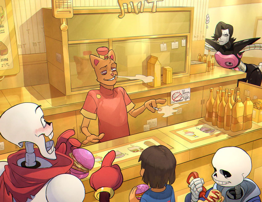 4boys androgynous blue_hoodie blush bottle brown_hair burgerpants carton cigarette constricted_pupils counter employee_uniform food frisk_(undertale) gloves hair_over_one_eye hamburger hat highres hood hood_down indoors ketchup ketchup_bottle mettaton mettaton_ex multiple_boys no_smoking papyrus_(undertale) pointing red_gloves red_scarf red_shirt robot sans scarf shirt shop short_sleeves skeleton smoke smoking summergoat undertale uniform