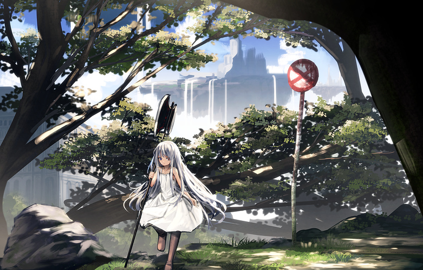 axe battle_axe blue_eyes building day dress fallen_tree floating_island grass haru_(ryosios) heterochromia leg_up long_hair original outdoors over_shoulder overgrown post-apocalypse red_eyes road_sign rock ryosios sign silver_hair sleeveless solo tree very_long_hair water waterfall weapon weapon_over_shoulder white_dress