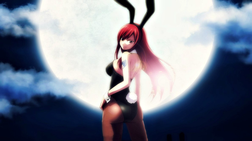 1girl altair_ezio animal_ears animal_tail ass bare_shoulders breasts bunny_ears bunny_tail bunnysuit cloud erza_scarlet fairy_tail from_behind large_breasts leotard long_hair looking_at_viewer moon night pantyhose red_hair smile solo tattoo