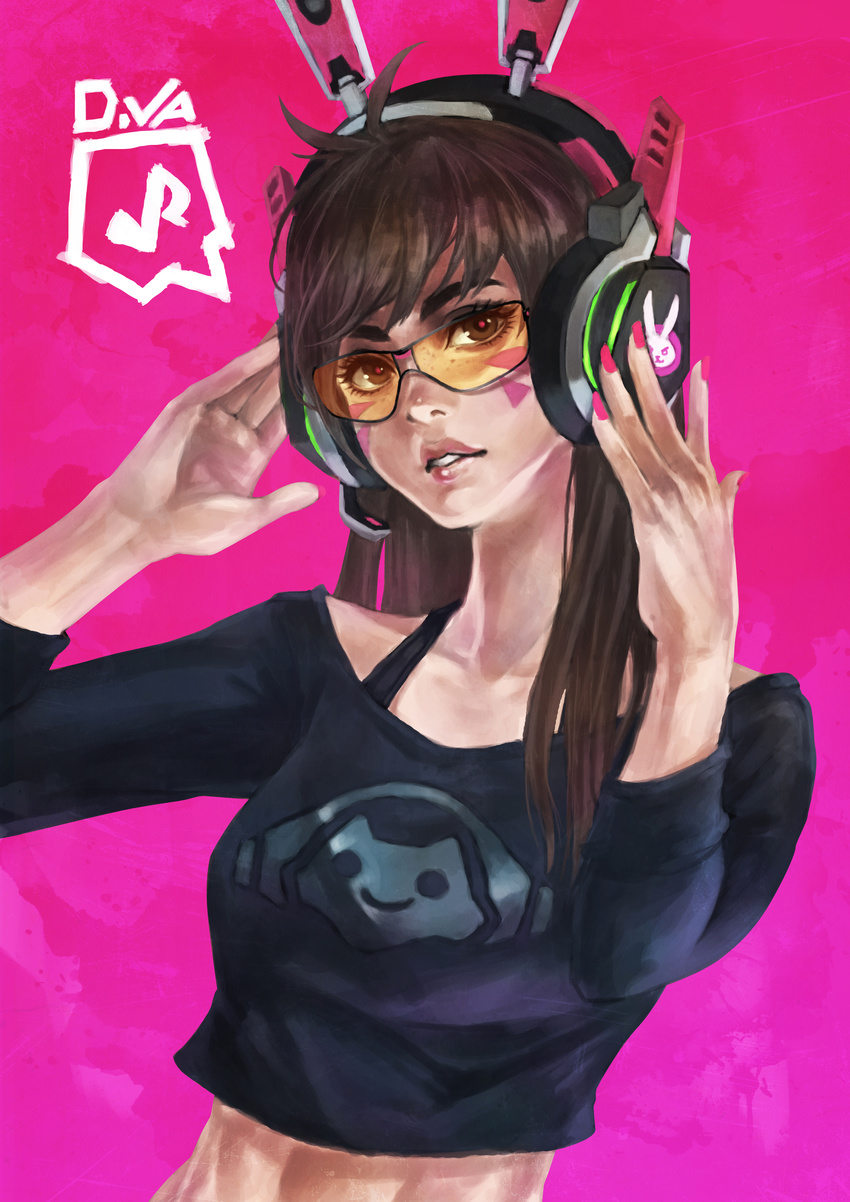 absurdres brown_eyes brown_hair cameo casual commentary crop_top d.va_(overwatch) eyelashes headphones headset highres lips listening_to_music long_hair lucio_(overwatch) monori_rogue nail_polish overwatch pink_background pink_nails solo sunglasses whisker_markings