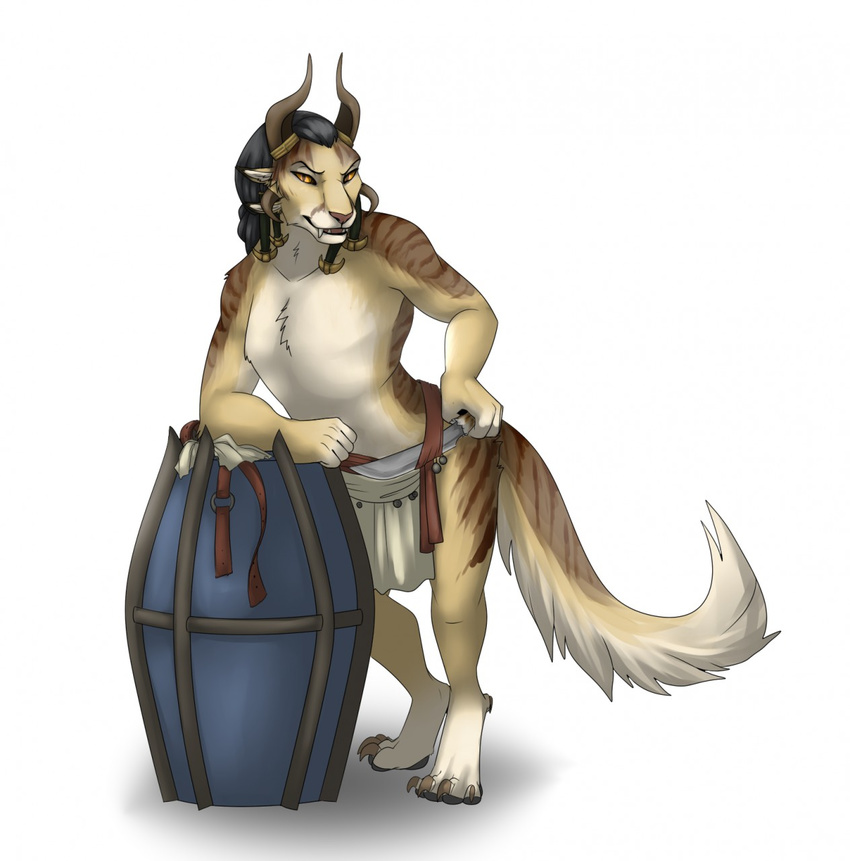 anthro barrel charr claws dagger dagos fangs feline female flat_chested fluffy fluffy_tail fur guild_wars hair horn looking_at_viewer mammal mane melee_weapon multi_ear simple_background stripes tan_fur video_games weapon white_fur yellow_eyes