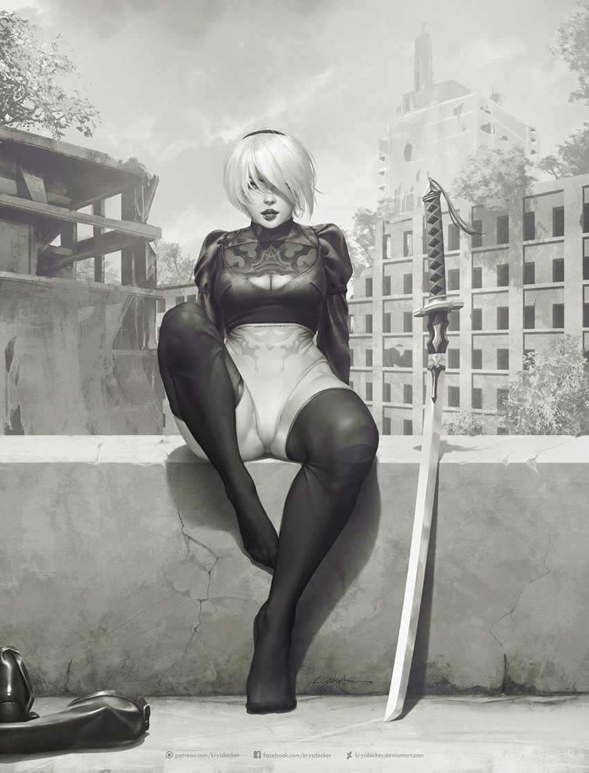 artist_name blindfold_removed boots_removed breasts cameltoe city cleavage cleavage_cutout commentary greyscale hair_over_one_eye hairband highres krystopher_decker large_breasts leotard looking_at_viewer mole mole_under_mouth monochrome nier_(series) nier_automata no_blindfold puffy_sleeves ruins short_hair signature sitting solo sword thighhighs tree weapon yorha_no._2_type_b