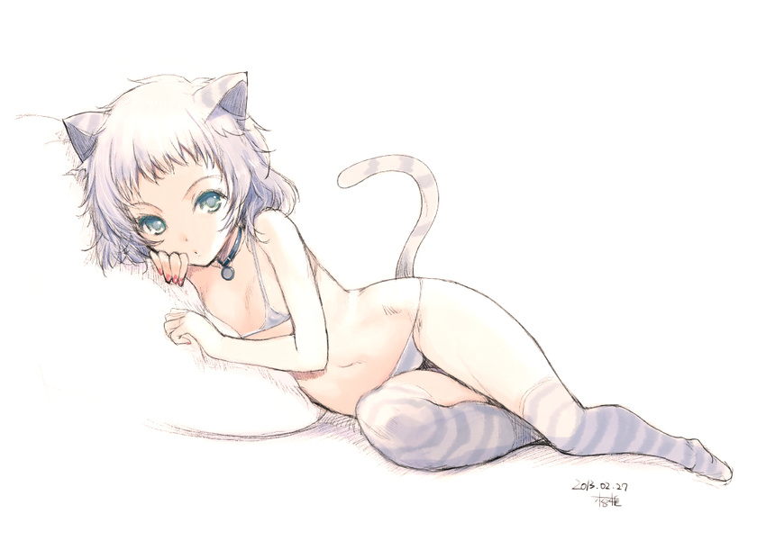 animal_ears bikini cat_ears cat_tail collar commentary_request flat_chest green_eyes kiya_shii looking_at_viewer micro_bikini original short_hair simple_background sketch solo striped striped_legwear swimsuit tail thighhighs white_background