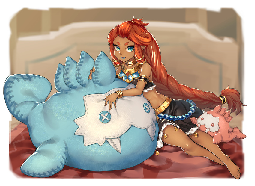 bangle barefoot bed_sheet bedroom blue_eyes blue_lipstick bracelet braid dark_skin feet gerudo highres jewelry kaida_michi lipstick long_hair looking_at_viewer makeup midriff navel on_bed pointy_ears red_hair riju single_braid solo stuffed_animal stuffed_toy the_legend_of_zelda the_legend_of_zelda:_breath_of_the_wild very_long_hair