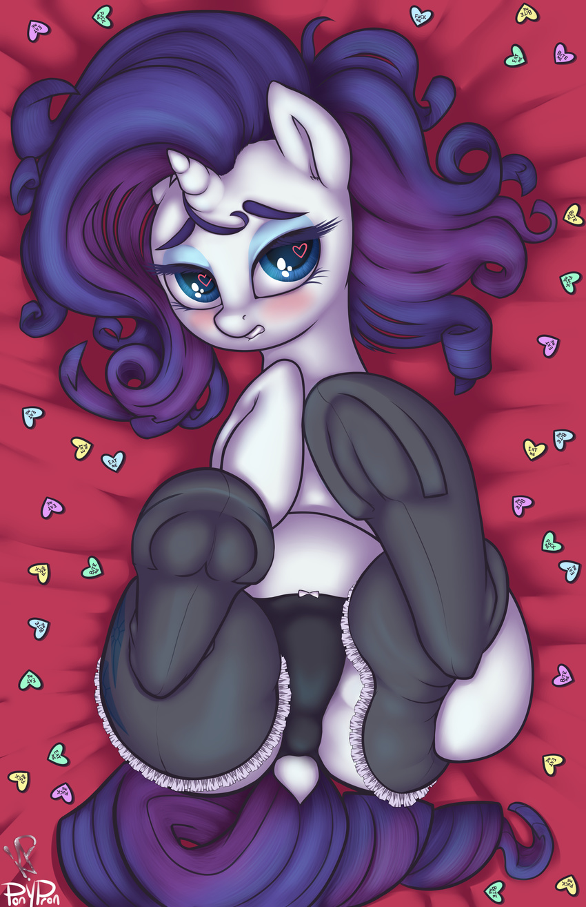 &lt;3 &lt;3_eyes 2016 absurd_res animal_genitalia animal_pussy blue_eyes blush butt clothing cutie_mark dock equine equine_pussy eyeshadow female feral friendship_is_magic hair hi_res horn kinkypinkie legwear long_hair lying makeup mammal my_little_pony on_back ponypron purple_hair pussy rarity_(mlp) solo unicorn