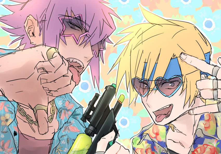 \n/ ao_(miteruzo) blonde_hair chain gold_chain hakua_shou hawaiian_shirt headband heart heart-shaped_eyewear highres jewelry looking_at_viewer male_focus mirokuji_yuuya multiple_boys purple_hair re:creators ring shirt short_hair sidelocks smile star-shaped_eyewear sunglasses thumb_ring thumbs_down tongue tongue_out upper_body water_gun