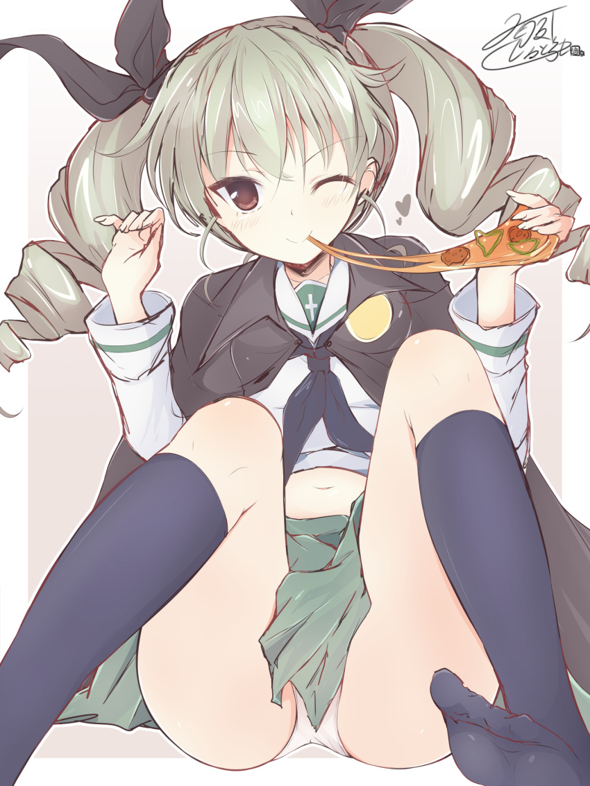 ;) alternate_costume anchovy artist_name bangs black_legwear black_neckwear black_ribbon blouse closed_mouth commentary drill_hair eyebrows_visible_through_hair food getsumen_suibaku_ver._a(c) girls_und_panzer green_hair green_skirt grey_background hair_ribbon head_tilt heart highres holding holding_food kneehighs long_hair long_sleeves looking_at_viewer midriff neckerchief one_eye_closed ooarai_school_uniform outside_border panties pantyshot pantyshot_(sitting) pizza pleated_skirt red_eyes ribbon school_uniform serafuku signature sitting sketch skirt smile solo twin_drills twintails underwear w_arms white_blouse white_panties