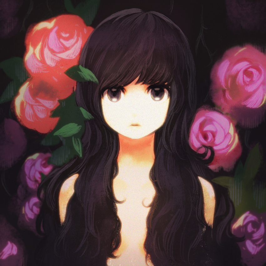 black_eyes black_hair commentary_request flat_chest flower hair_over_breasts highres jun_(seojh1029) long_hair looking_at_viewer nude purple_eyes red_flower red_rose rose solo upper_body