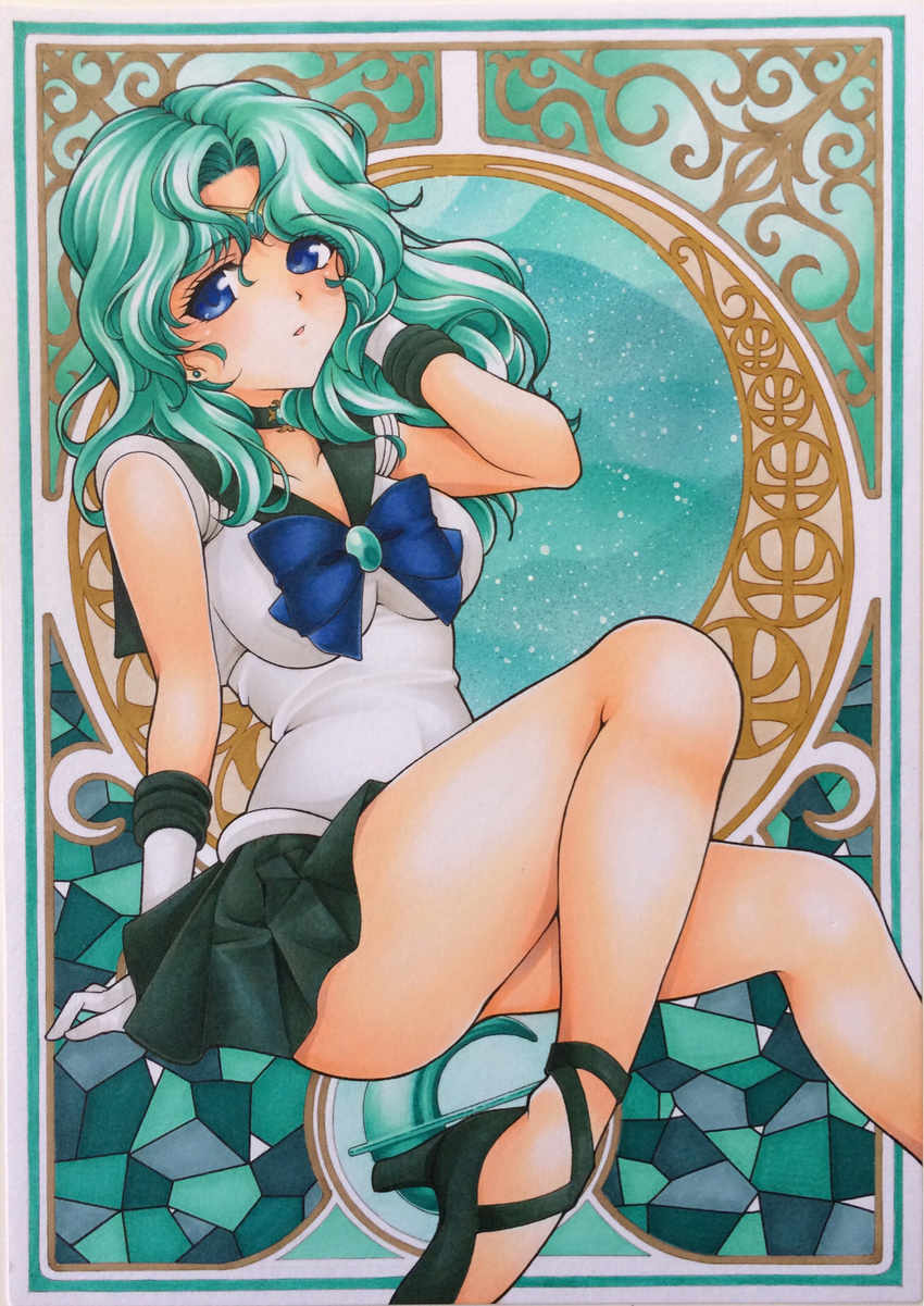 aqua_hair art_nouveau bishoujo_senshi_sailor_moon blue_choker blue_eyes breasts chirol choker circlet gloves high_heels highres jewelry kaiou_michiru long_hair looking_at_viewer magical_girl marker_(medium) medium_breasts mosaic_background neptune_symbol sailor_neptune sailor_senshi_uniform skirt smile solo stained_glass traditional_media white_gloves