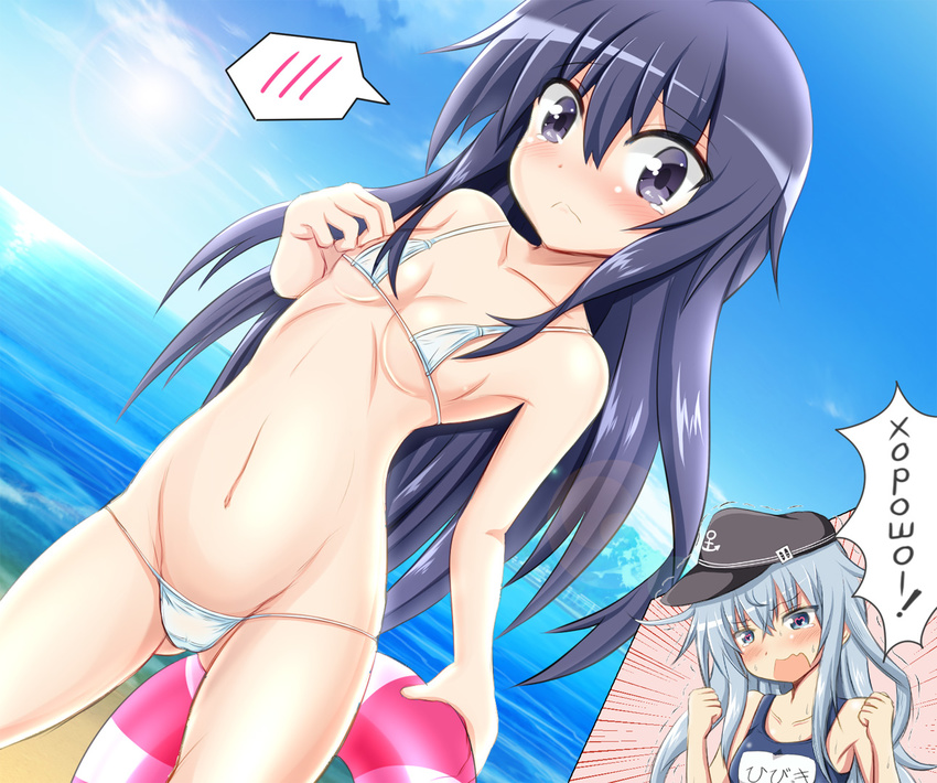 akatsuki_(kantai_collection) ass_visible_through_thighs bikini black_eyes black_hair breasts clenched_hands day dutch_angle flat_chest groin heart heart-shaped_pupils hibiki_(kantai_collection) horosho innertube kantai_collection long_hair lowleg lowleg_bikini micro_bikini mountain multiple_girls navel no_hat no_headwear ocean open_mouth outdoors russian school_swimsuit silver_eyes silver_hair small_breasts spoken_blush swimsuit symbol-shaped_pupils tamayan tears trembling