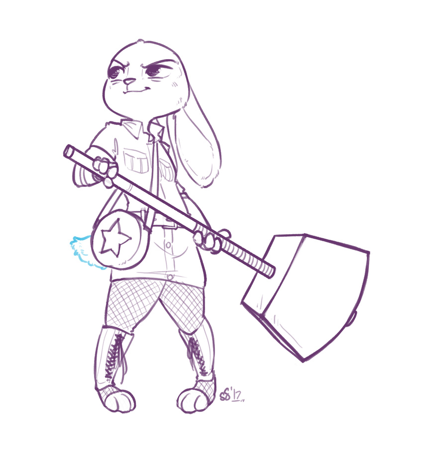 2017 alec8ter animated anthro bag belt clothed clothing cosplay crossover disney female fishnet fishnet_legwear hammer holding_object holding_weapon judy_hopps lagomorph legwear mammal pose rabbit ramona_flowers scott_pilgrim_vs_the_world signature simple_background solo standing tools warhammer weapon white_background zootopia