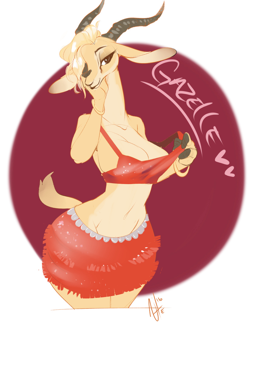 alpha_channel antelope anthro blonde_hair bracelet breasts cleavage clothed clothing disney female gazelle gazelle_(zootopia) hair hair_over_eye halter_top hi_res jewelry looking_at_viewer mammal nite portrait shirt_pull simple_background skirt smile solo teasing text three-quarter_portrait transparent_background wide_hips zootopia
