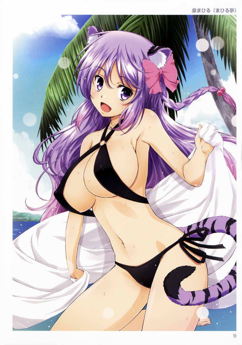 :d absurdres animal_ears artist_name bangs bare_shoulders bikini black_bikini bow braid breasts cat_tail circle_name cleavage cloud criss-cross_halter day eyebrows_visible_through_hair hair_bow halterneck highres holding izumi_mahiru large_breasts leg_up long_hair looking_at_viewer navel ocean open_mouth original outdoors palm_tree purple_eyes purple_hair scan side-tie_bikini single_braid sky smile swimsuit tail tiger_ears tiger_tail toranoana towel tree