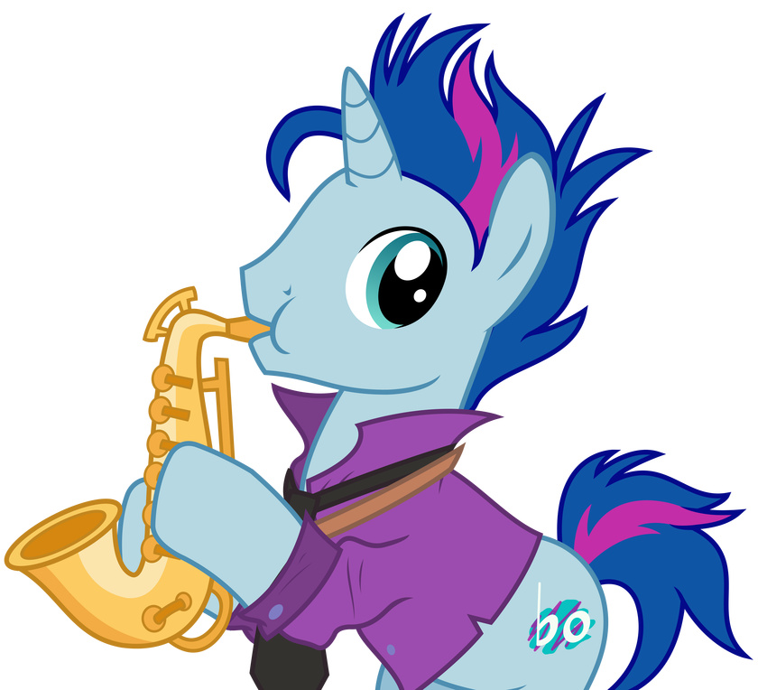 blue_eyes blue_hair blue_note_(mlp) clothed clothing cutie_mark equine feral friendship_is_magic fur hair holding_musical_instrument horn horse male mammal multicolored_hair music musical_instrument my_little_pony necktie playing_music pony purple_hair saxophone shirt sketchmcreations solo sound two_tone_hair unicorn