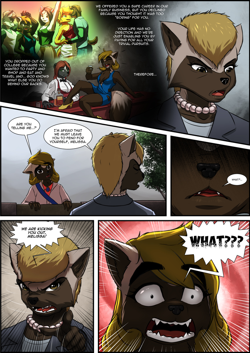 5_fingers anthro black_nose blonde_hair breasts brown_eyes brown_hair canine cat clothed clothing comic day detailed_background dog english_text feline female hair mammal mustelid mykegreywolf open_mouth outside smile teeth text tongue wolf wolverine