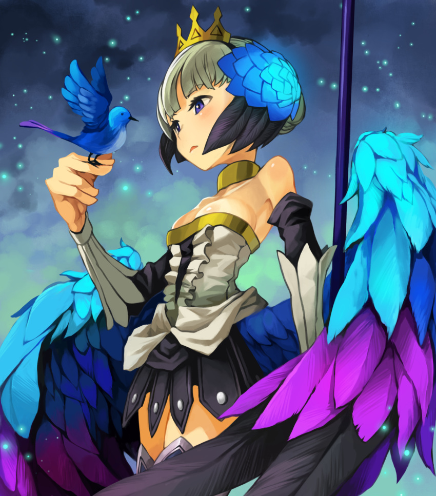 bird blue_eyes crown detached_sleeves dress feathered_wings female grey_hair gwendolyn hirokawa_desu odin_sphere polearm solo strapless weapon wings