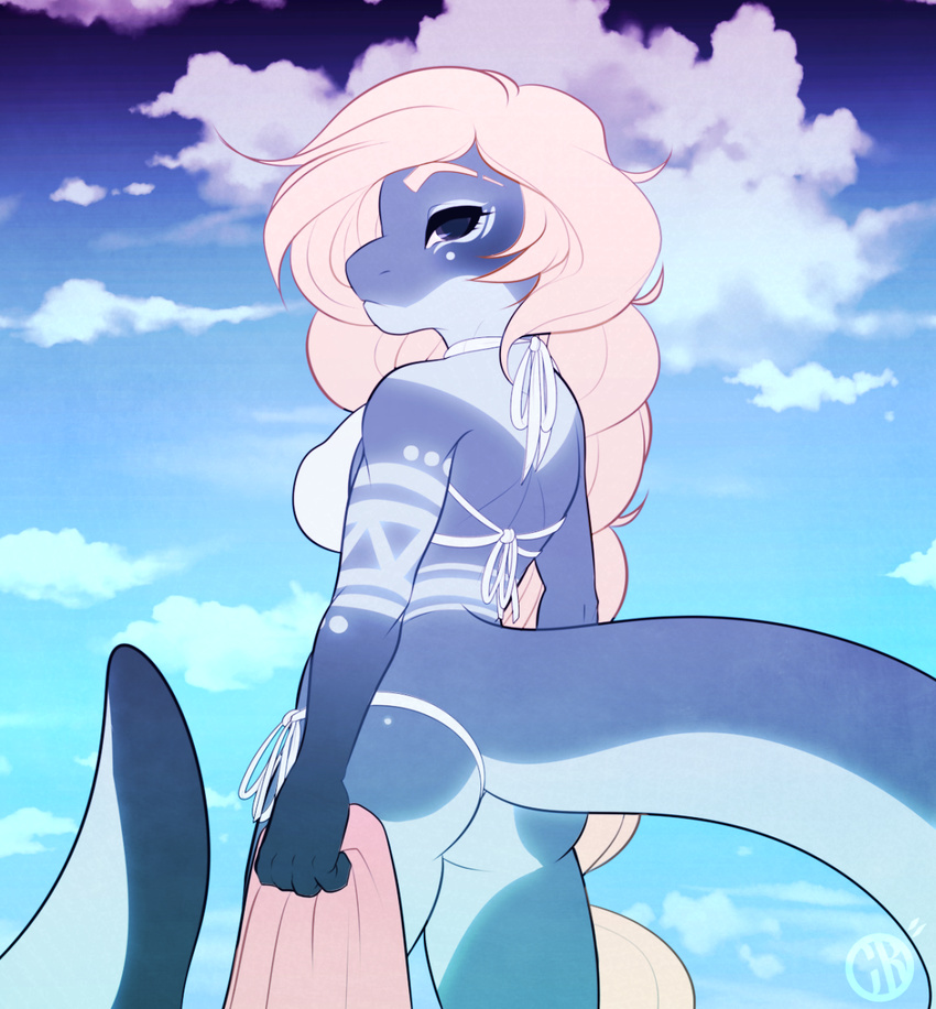 anthro bikini blue_eyes blue_skin breasts cetacean charmrage clothing day dolphin female fin hair mammal marine outside sky solo swimsuit white_hair