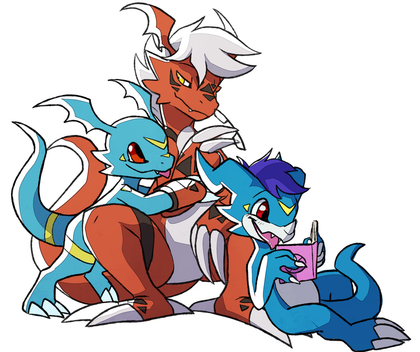 2017 blitzdrachin blue_hair claws cute digimon dragon eyewear fak&eacute;mon fan_character fanmon feral giramon glasses group guilmon hair hybrid lizard male reptile scalie silver_hair simple_background smile sol_(character) sol_the_guilmon sven_(character) sven_the_giramon toe_claws vee4eva veemon vmon white_background yami_(character) yami_the_veemon