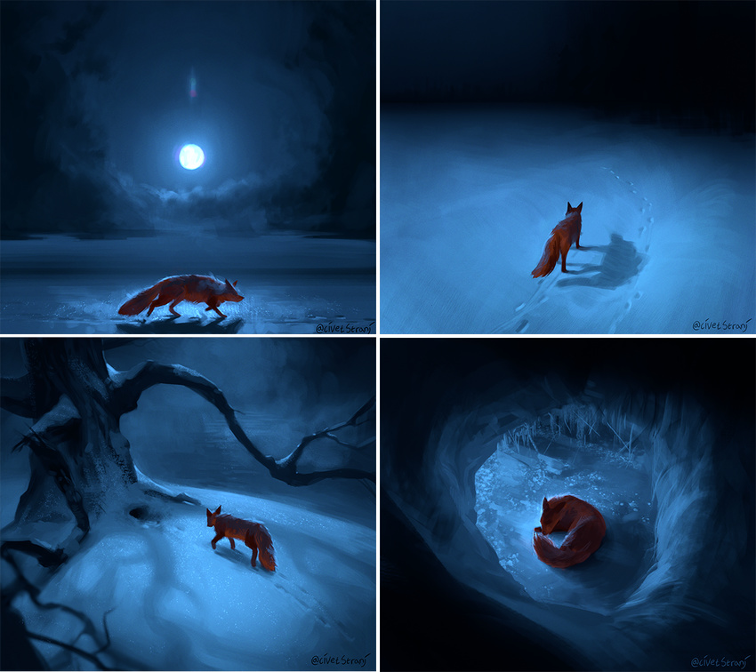 ambiguous_gender canine cloud feral fox mammal moon multiple_scenes night shadow snow strange-fox tagme tree winter