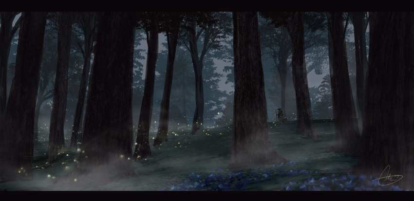 aki_(aki_k6) blue_flower fireflies flower forest hat highres holding letterboxed nature night original outdoors scenery signature solo tree