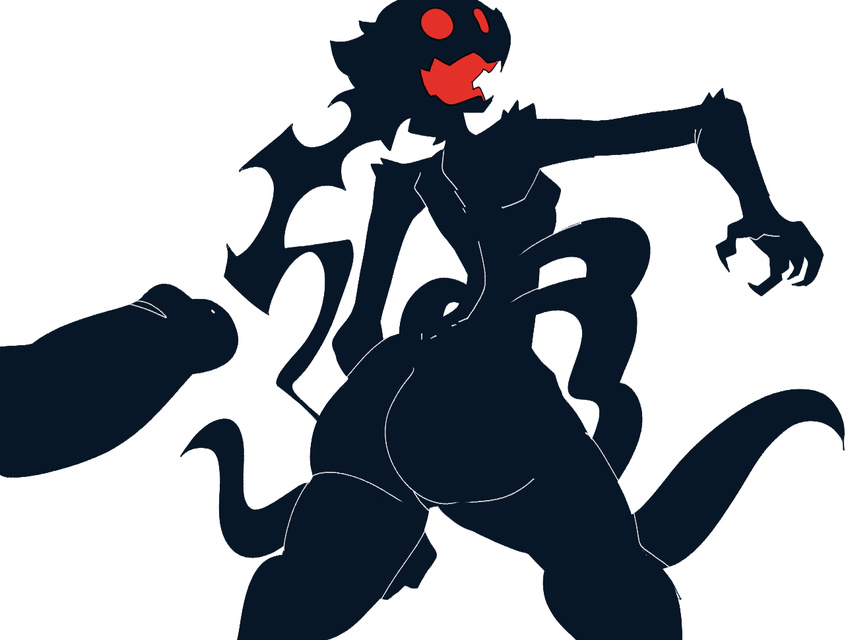 big_butt black_body breasts butt claws disembodied_penis faceless_male female gats male monster open_mouth penis red_eyes simple_background tentacle_monster tentacles white_background zone-tan