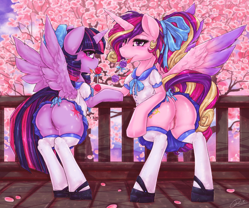 2016 blush butt candy clothed clothed_feral clothing cutie_mark detailed_background digital_media_(artwork) dimwitdog duo equine feathered_wings feathers female feral food friendship_is_magic hair horn legwear licking lollipop looking_at_viewer looking_back mammal multicolored_hair my_little_pony no_underwear outside princess_cadance_(mlp) purple_eyes pussy rear_view stockings thigh_highs tongue tongue_out tree twilight_sparkle_(mlp) upskirt winged_unicorn wings