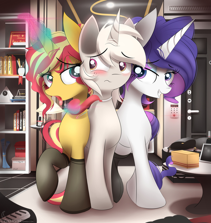 2017 absurd_res alternate_hairstyle blush clothing equestria_girls equine eyelashes eyeshadow fan_character female feral friendship_is_magic glowing group hair hi_res horn inside legwear magic makeup mammal multicolored_hair my_little_pony nevobaster open_mouth rarity_(mlp) sunset_shimmer_(eg) tongue tongue_out two_tone_hair unicorn white_hair