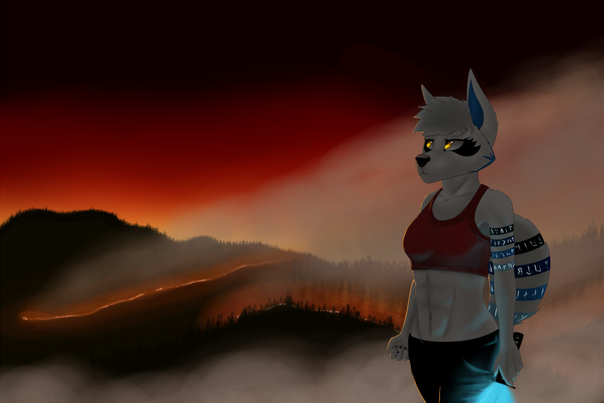 2017 5_fingers aira an_ancient anthro bra breasts canine clothed clothing dog female fire forest_fire fur glowing glowing_tattoo holding_object holding_weapon husky katana magic_sword magic_weapon mammal melee_weapon norse_runes runes solo sports_bra standing sword tattoo underwear weapon white_fur wolf yellow_eyes