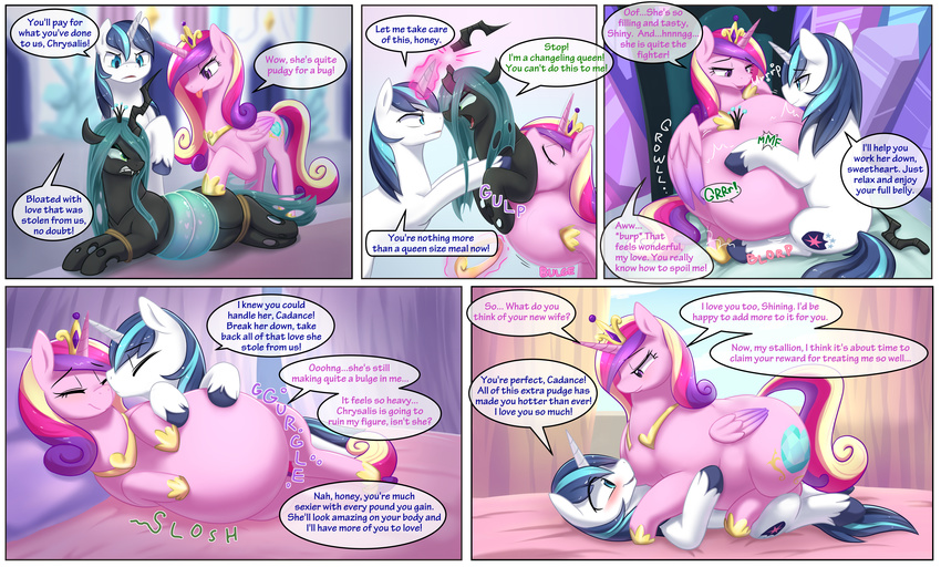 belly bound comic dddddd2 digestion equine female_pred friendship_is_magic horn horse kissing magic mammal my_little_pony overweight pony princess_cadance_(mlp) queen_chrysalis_(mlp) shining_armor_(mlp) speech_bubble unicorn vore winged_unicorn wings