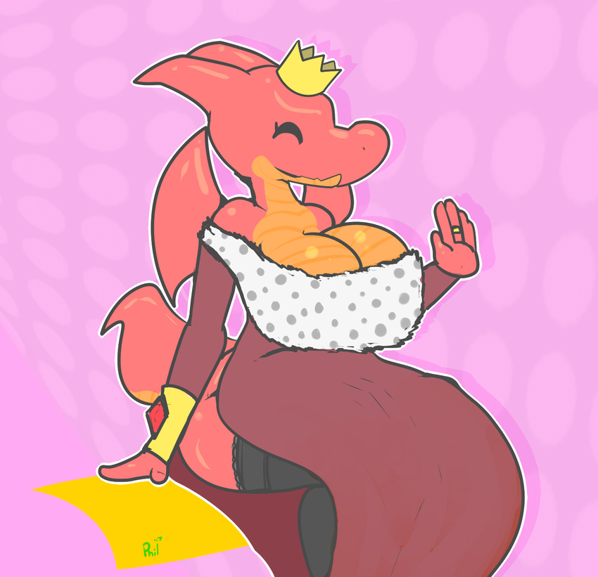 2017 anthro armlet big_breasts breasts clothed clothing crown dragon eyes_closed female gem her_majesty hi_res legwear non-mammal_breasts queen ring royalty scalie sirphilliam sitting smile solo stockings wide_hips wings