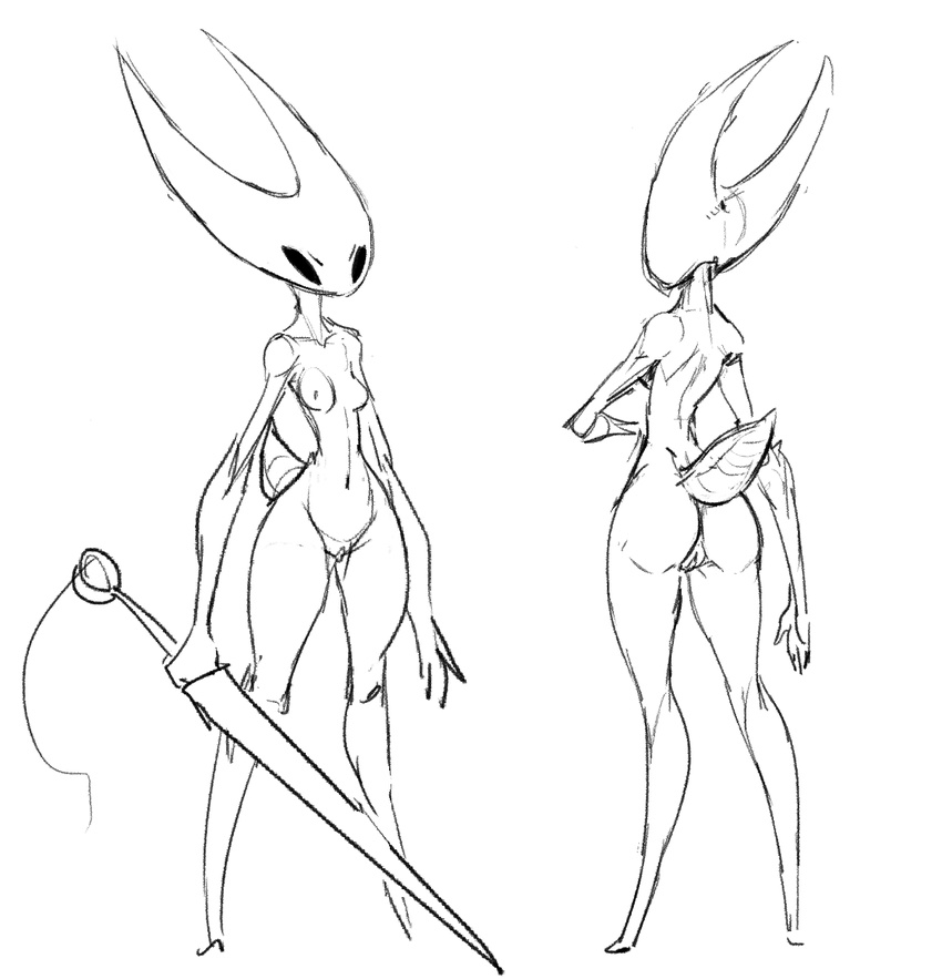 2017 arthropod black_and_white breasts claws female guoh hollow_knight hollow_knight_(species) hornet_(hollow_knight) humanoid insect melee_weapon monochrome pussy simple_background solo video_games weapon white_background