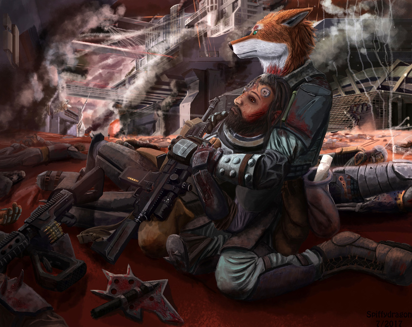 absurd_res abyssian_wolf arc(spiffydragon) armor blakstare blood burn burned burns canine chaos city cityscape clothing death destruction dirt ethiopian_wolf fight fluffy fur gloves gore gun hi_res honnosai(spiffydragon) machine_gun mammal phosphorus ranged_weapon rifle scenery spiffydragon universe:tahaerias wallpaper war weapon wolf