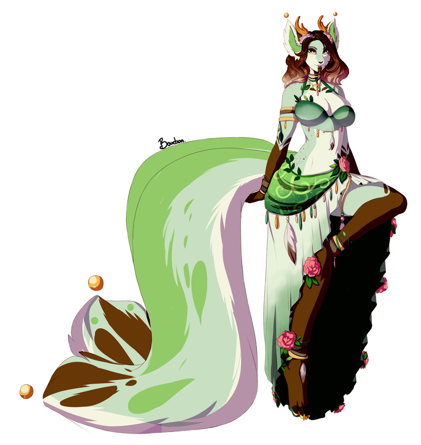 anthro big_tail bourbon._(artist) breasts brown_hair cervine clothed clothing female fluffy fluffy_tail fur green_fur hair huge_tail hybrid looking_at_viewer mammal simple_background solo standing white_background