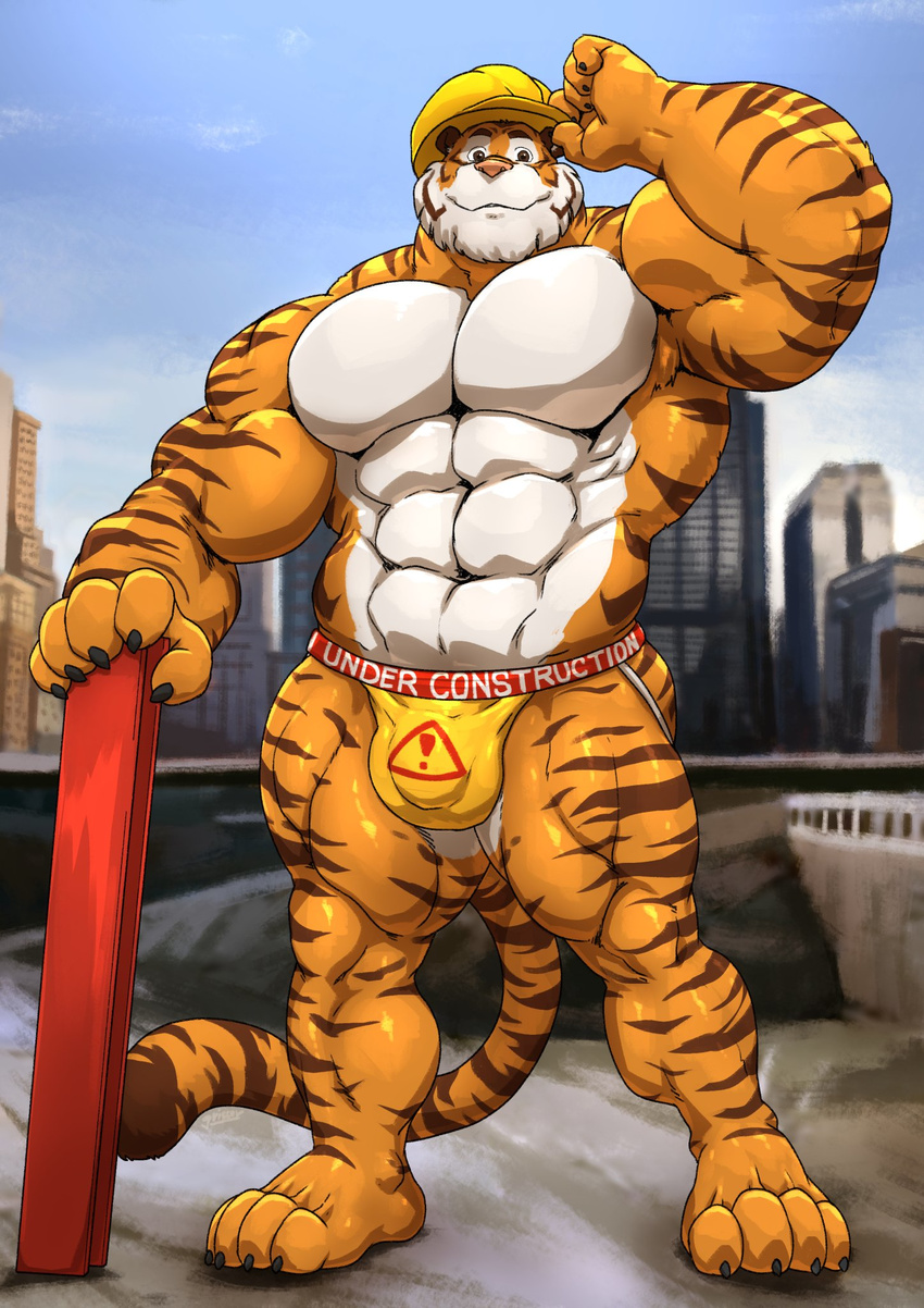 2017 abs anthro barefoot biceps big_biceps big_muscles black_claws brown_eyes brown_fur brown_stripes brown_tail building bulge city claws clothed clothing detailed_background english_text feline fur grisser hi_res huge_muscles jockstrap long_tail looking_at_viewer male mammal multicolored_skin muscular muscular_arms muscular_legs muscular_male navel orange_fur orange_skin orange_tail outside pecs penis_outline pink_nose pose raised_arm sky smile solo standing striped_tail stripes text tiger toe_claws toes topless underwear white_fur white_skin