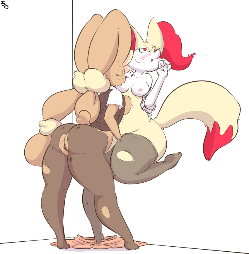 against_wall anthro areola big_butt blush bottomless braixen breast_suck breasts brown_fur butt canine clothed clothing dipstick_tail duo exposed_breasts eyebrows eyelashes eyes_closed eyewear female female/female fingering fingering_partner freckles fur glasses immortalstar inner_ear_fluff lagomorph mammal mega_evolution mega_lopunny multicolored_tail nintendo nipples one_leg_up open_mouth partially_clothed pink_nose pok&eacute;mon pok&eacute;morph pussy red_eyes red_nose sex shirt simple_background skirt sucking thick_thighs torn_stockings video_games white_fur yellow_fur