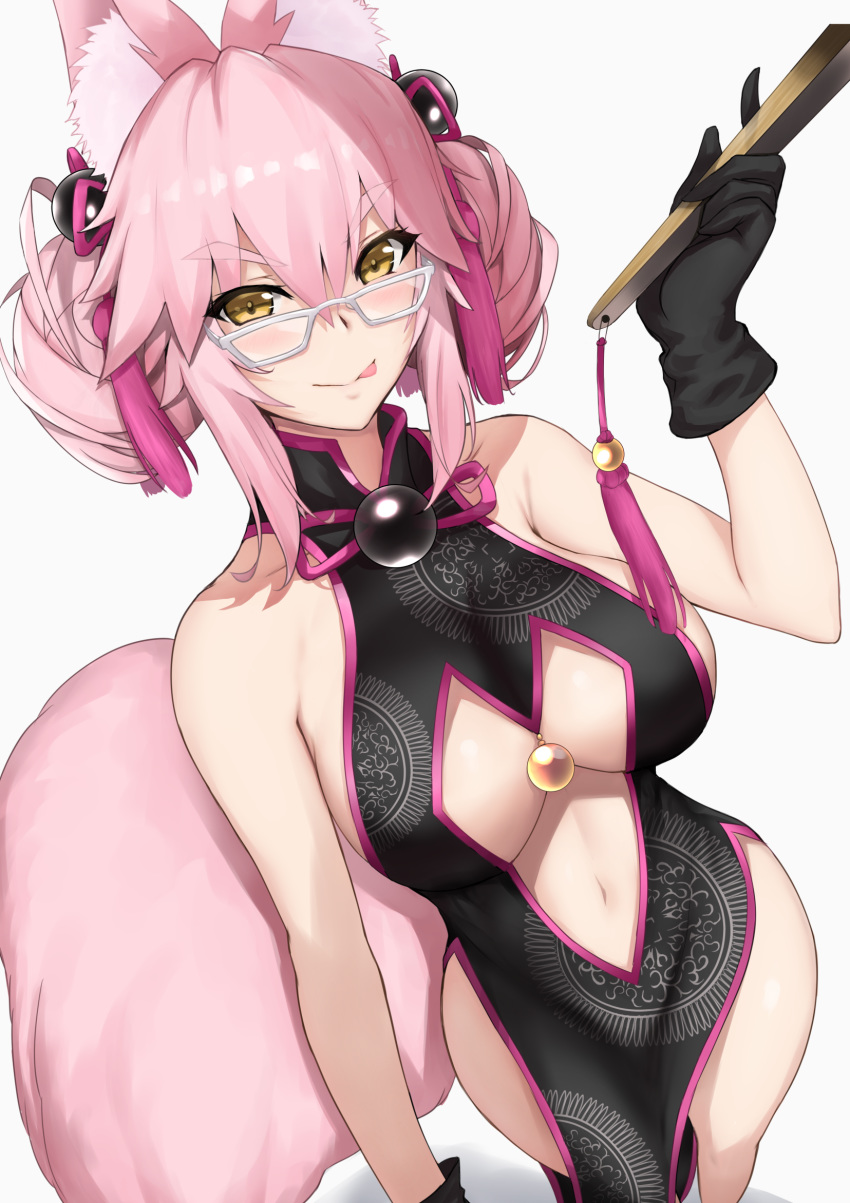 1girl akatsuki_ikki animal_ear_fluff animal_ears bangs bare_shoulders bell black_dress black_gloves blush breasts center_opening china_dress chinese_clothes closed_mouth dress eyebrows_visible_through_hair fan fate/grand_order fate_(series) folding_fan fox_ears fox_tail glasses gloves hair_between_eyes highres hips jingle_bell koyanskaya large_breasts licking_lips long_hair looking_at_viewer navel pink_hair sidelocks simple_background smile solo tail thighs tongue tongue_out white_background yellow_eyes