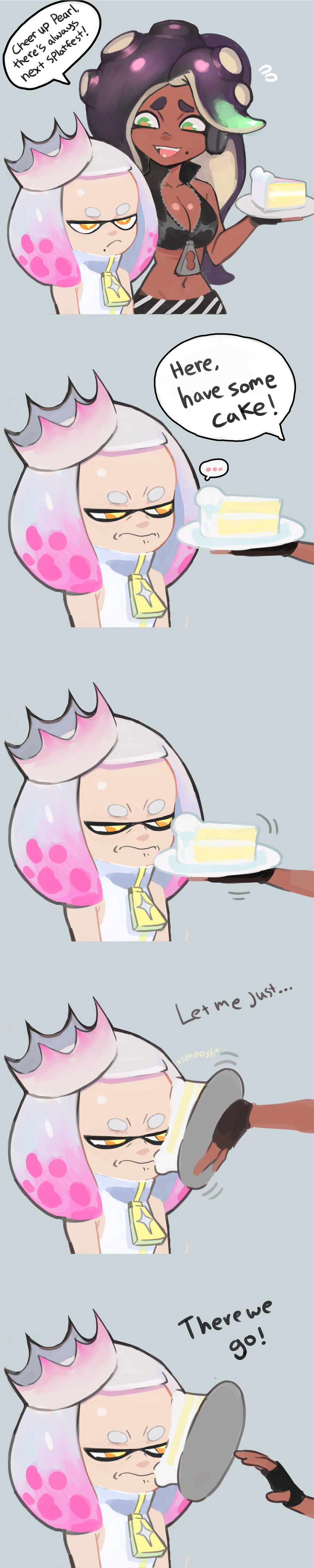 ... 2017 angry beauty_mark breast_size_difference breasts cake cephalopod cleavage clothed clothing colo colodraws crown dark_skin dress duo eyebrows eyelashes fangs female fingerless_gloves food food_on_face gloves green_eyes hair hi_res humanoid humor inkling jacket long_hair marina_(splatoon) marine mask midriff nintendo not_furry octoling octopus open_mouth pearl_(splatoon) red_eyes short_hair splatoon squid tentacle_hair tentacles video_games