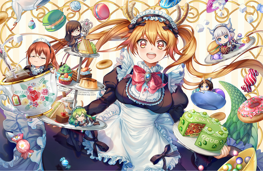 5girls :3 :d :t apron bangs beads black_bow black_dress black_footwear black_pants blue_eyes blunt_bangs blush bow bowl breasts brooch brown_eyes brown_hair cake caramel cherry chibi chin_rest closed_eyes closed_mouth cup cupcake d: dessert doughnut dragon_horns dragon_tail dragon_tail_cake dress eating elma_(maidragon) english eyebrows_visible_through_hair fafnir_(maidragon) floral_print food formal frilled_apron frills fruit glasses glint gloves green_hair hair_beads hair_between_eyes hair_ornament head_tilt holding holding_tray horn horns jewelry kanna_kamui kaze-hime kobayashi-san_chi_no_maidragon kobayashi_(maidragon) lavender_hair lettuce long_hair long_sleeves looking_at_viewer low_twintails lying macaron maid maid_headdress medium_breasts multiple_girls neck_ribbon on_side open_mouth outstretched_arms pants parted_bangs parted_lips pudding puffy_long_sleeves puffy_sleeves quetzalcoatl_(maidragon) red_eyes red_hair red_ribbon ribbon rimless_eyewear sandwich shoes sitting smile spoon sprinkles strawberry sugar_cube suit swept_bangs tail tea teabag teacup teapot tiered_tray tooru_(maidragon) tray twintails v-shaped_eyebrows very_long_hair waist_apron watermark web_address white_apron white_gloves wrapped_candy