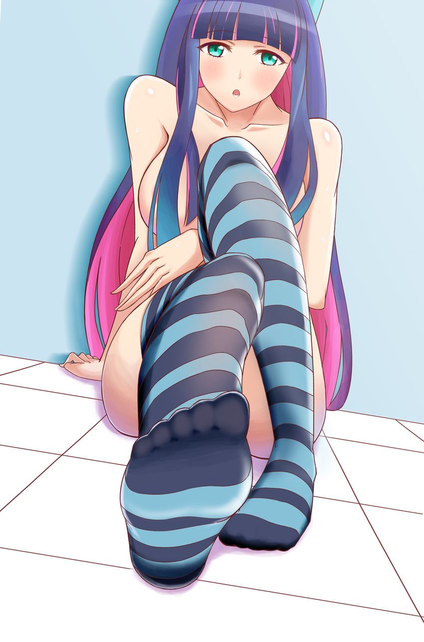 1girl absurdres aqua_eyes blush breasts censored collarbone feet female hair_over_breasts large_breasts legs_crossed long_hair looking_at_viewer multicolored_hair nude on_ground panty_&amp;_stocking_with_garterbelt pink_hair pov_feet purple_hair sideboob sitting sole solo stocking_(psg) thighhighs toes tomoka
