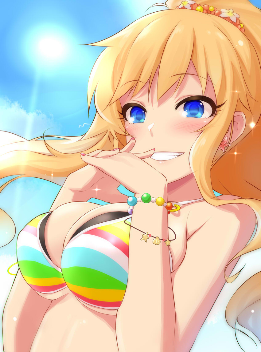 bangs bare_shoulders bead_bracelet beads bikini_top blonde_hair blue_eyes blush bracelet breasts cleavage day earrings eyebrows_visible_through_hair eyelashes flower flower_earrings grin hair_flower hair_ornament hands_clasped highres idolmaster idolmaster_cinderella_girls interlocked_fingers jewelry large_breasts lens_flare long_hair looking_at_viewer nail_polish o-ring ootsuki_yui own_hands_together ponytail scrunchie sidelocks sky smile solo sparkle striped_bikini_top sun teeth wavy_hair yamaguchi_(shinigami-no-barad)