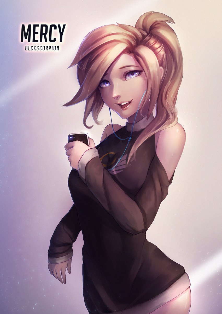 absurdres artist_name bare_shoulders blckscorpion blonde_hair blue_eyes bottomless breasts brown_sweater casual character_name digital_media_player dust earbuds earphones emblem grey_background high_ponytail highres holding light_particles light_rays long_sleeves looking_at_viewer medium_breasts mercy_(overwatch) no_pants nose open_mouth overwatch pink_lips print_sweater purple_background signature sleeves_past_wrists smile solo sweater turtleneck turtleneck_sweater upper_body
