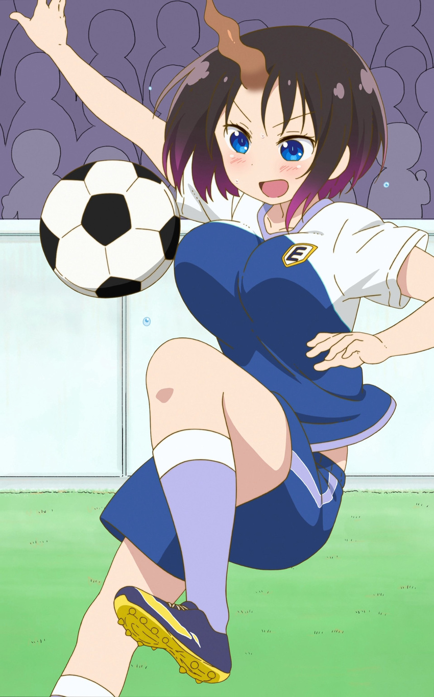 absurdres ball black_hair blue_eyes blush breasts dragon_girl dragon_horns elma_(maidragon) gradient_hair highres horn horns kobayashi-san_chi_no_maidragon large_breasts multicolored_hair open_mouth playing_sports purple_hair screencap short_hair smile soccer soccer_ball soccer_uniform solo sport sportswear stitched third-party_edit