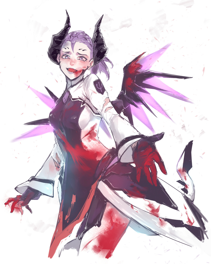 alternate_costume blood blood_on_face bloody_clothes bloody_hands bodysuit breasts cowboy_shot crazy dark_persona demon_horns demon_tail evil facial_mark fangs faulds forehead_mark glowing glowing_wings hei_chuan_gui highres horns imp_mercy injury looking_at_viewer makeup mechanical_wings medium_hair mercy_(overwatch) open_mouth outstretched_hand overwatch pelvic_curtain ponytail purple_eyes purple_hair purple_lips purple_wings reaching_out simple_background sketch small_breasts smile solo tail torn_bodysuit torn_clothes white_background white_bodysuit wings