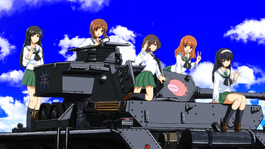 akiyama_yukari anglerfish arm_support bangs black_eyes black_hair black_legwear black_neckwear blouse blunt_bangs brown_eyes brown_footwear brown_hair closed_mouth day emblem eyebrows_visible_through_hair girls_und_panzer green_skirt ground_vehicle hairband hatch headphones highres holding isuzu_hana kneehighs kneeling light_smile loafers long_hair long_sleeves looking_at_viewer looking_back messy_hair military military_vehicle miniskirt motor_vehicle multiple_girls neckerchief nishizumi_miho on_vehicle ooarai_(emblem) ooarai_school_uniform open_mouth orange_eyes orange_hair outdoors panzerkampfwagen_iv pleated_skirt reizei_mako salute school_uniform serafuku shoes short_hair sitting skirt smile socks standing suzuki-shi takebe_saori tank throat_microphone v waving white_blouse white_hairband