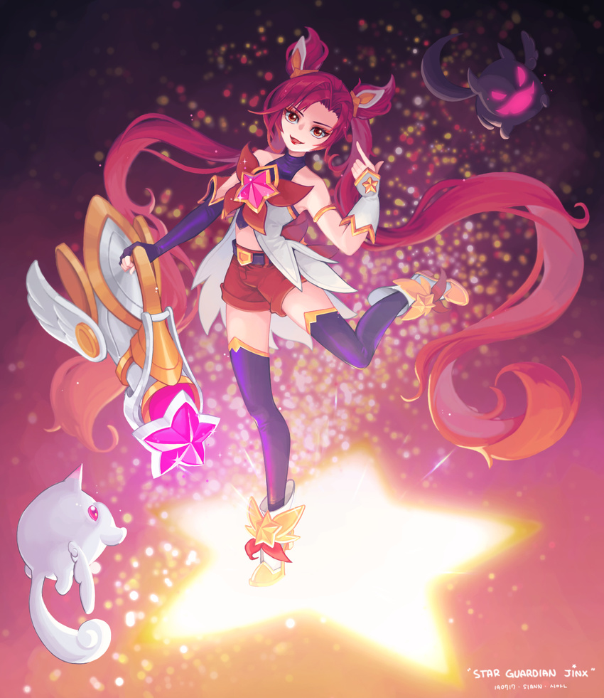 1girl alternate_costume alternate_hair_color alternate_hairstyle bare_shoulders belt black_gloves black_legwear earrings elbow_gloves fingerless_gloves gloves hair_ornament high_heel_boots highres jewelry jinx_(league_of_legends) kuro_(league_of_legends) league_of_legends lipstick long_hair magical_girl red_bow red_bowtie red_eyes red_hair red_lips shiro_(league_of_legends) short_shorts shorts star_guardian_jinx thighhighs tied_hair twintails very_long_hair